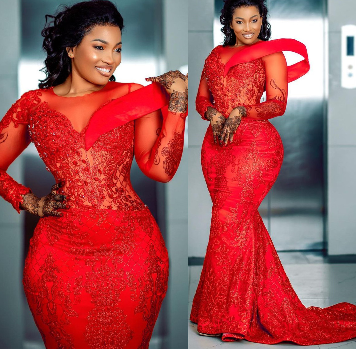 Plus Size Arabic Aso Ebi Red Luxurious Mermaid Prom Dresses Beaded Crystals Evening Formal Party Second Reception Birthday Engagement Gowns Dress ZJ27