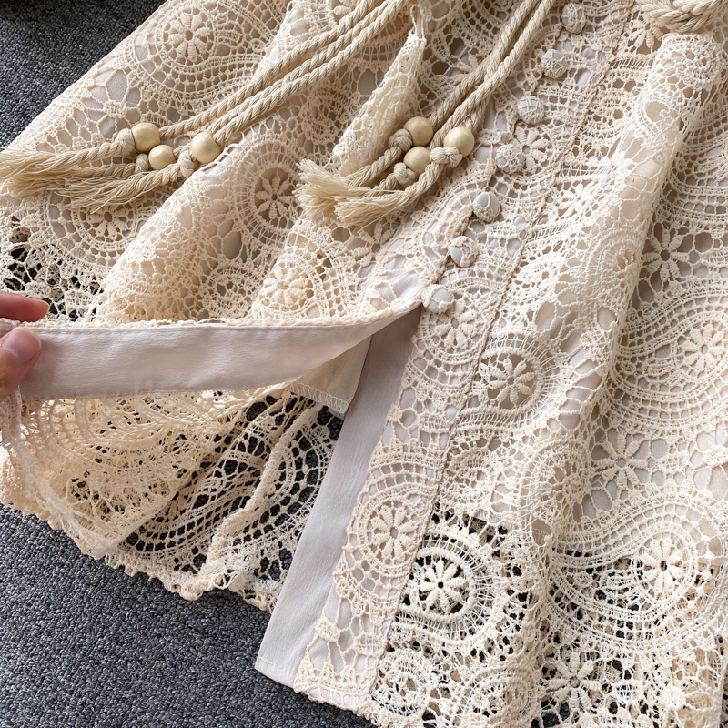 Runway Designer Vintage Mini Hollow Out Embroidery Stand Collar Lantern Sleeve Bow Sashes Lace Up Party Dress