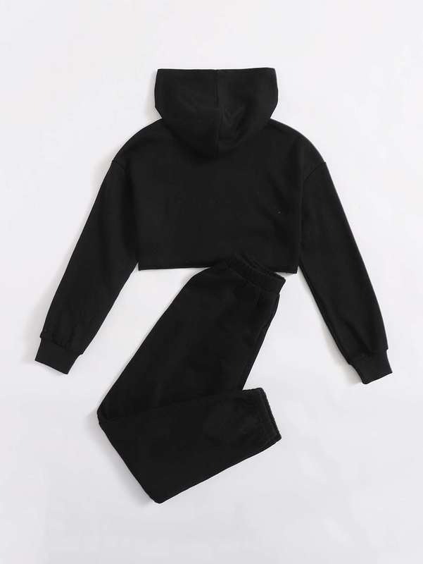 Girls Drop Shoulder Chinese Dragon Print Crop Hoodie & Joggers Set SHE