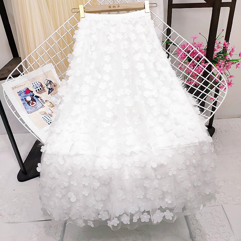 Summer Mesh Pleated A Lien Long Women Skirts Fashion Elastic High Waist Casual Tulle Female Harajuku White 2024