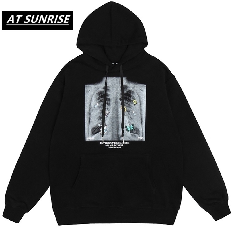 Hip Hop Oversize Hoodie Sweatshirt Men Streetwear Harajuku X-ray Butterfly Hooded Loose Hipster Fleece Hoodie Plus Size 201126