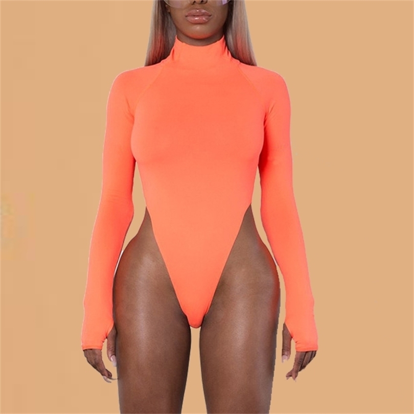 Sexy Turtleneck Black Bodysuit Stretch Thong Bodysuit Long Sleeve Women Romper Bodycon Jumpsuit High Cut Green Orange Bodysuit
