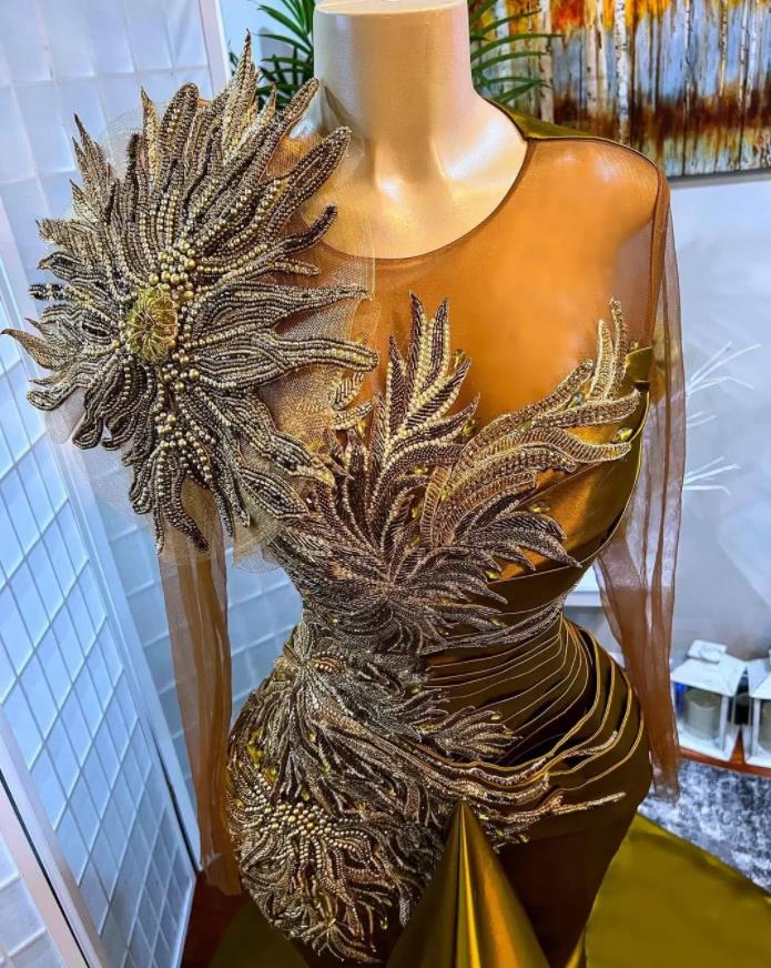Mermaid army green Prom Dresses Lace Beaded Plus Size Arabic Aso Ebi Evening Formal Party Second Reception Birthday Engagement Gowns Dress