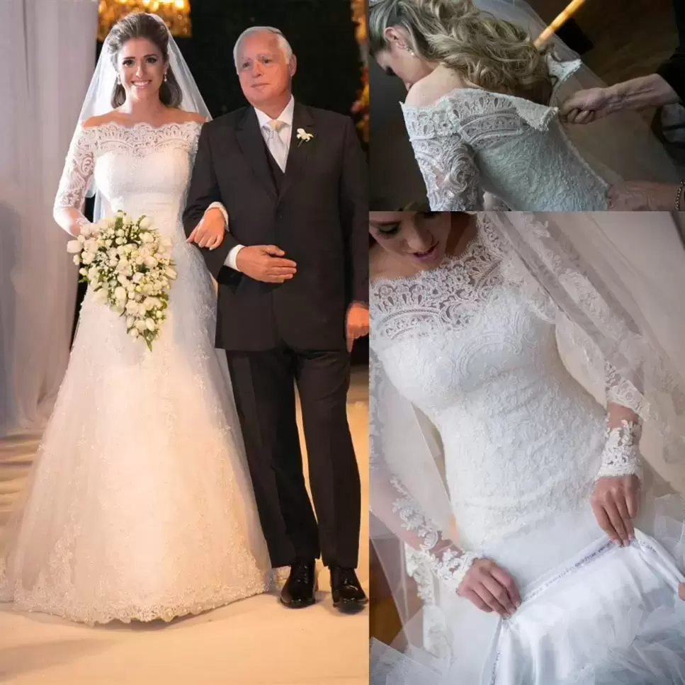 Gorgeous Lace Mermaid Wedding Dresses Bridal Gown Scalloped Applique Off the Shoulder Long Sleeves Custom Made Beach Straps Vestido De Novia Plus Size