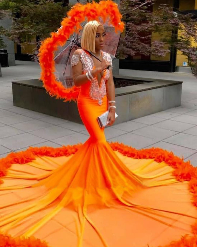 Black Girls Feathers Orange Prom Dresses For Women 2022 Beading Applique Evening Gowns Long Sleeves Guest Party Wear