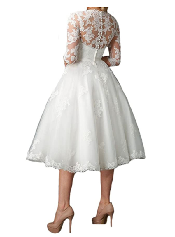 Elegant Tea Length A Line Wedding Dress V-Neck 1/2 Long Sleeve Tulle Bridal Gowns Plus Size Vintage Ivory Country Garden Robe De mariée 2022 Custom ma