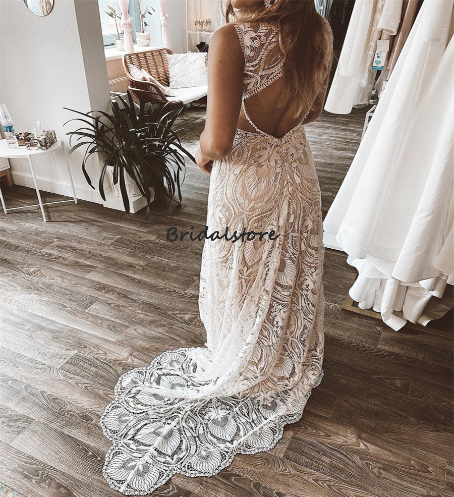 Elegant FullLace Wedding Dress Celtic Open Back Tank Straps Mermaid Bohemian Bride Dresses Floor Length Garden Bridal Gowns Vintage Country Vestido De