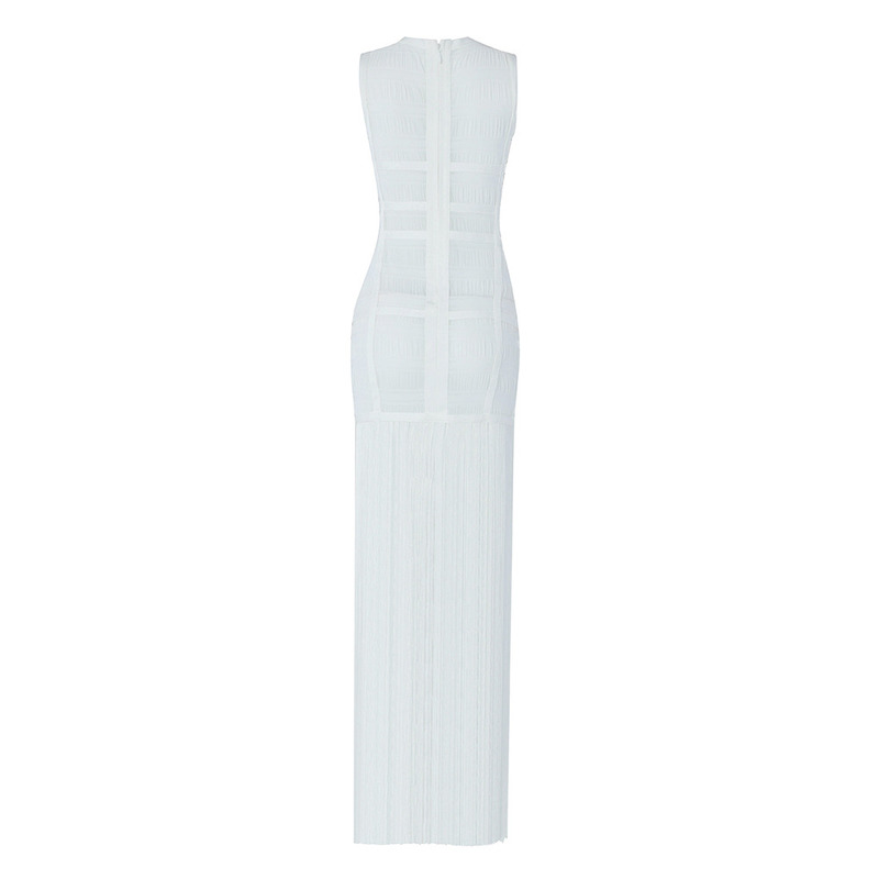 High Quality White Sleeveless Tassel Hollow Out Bodycon Rayon Bandage Dress Evening Party Sexy Dress 220507