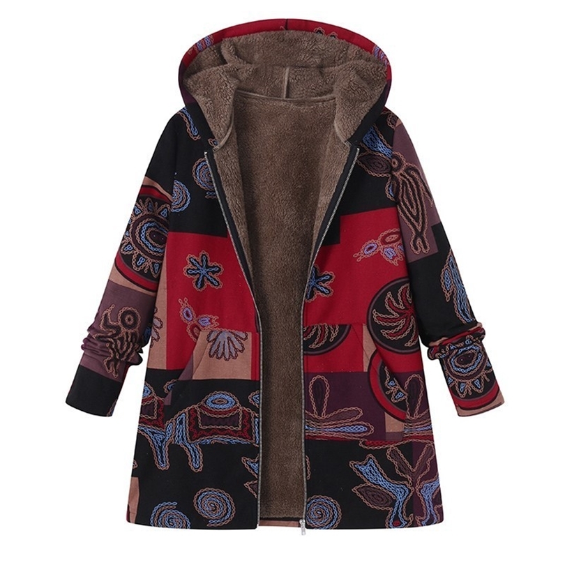 ZANZEA 2019 Casual Fashion Winter Hooded Long Sleeve Fluffy Warm Coat Women Plus Size L 5XL Retro Ethnic Printed Fur Outerwear T200111