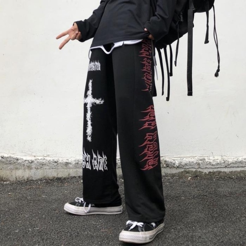 QWEEK Punk Hippie Wide Leg Pant Gothic Harajuku Streetwear Anime Street Style Mall Goth Black Print Trousers Hip Hop 220325