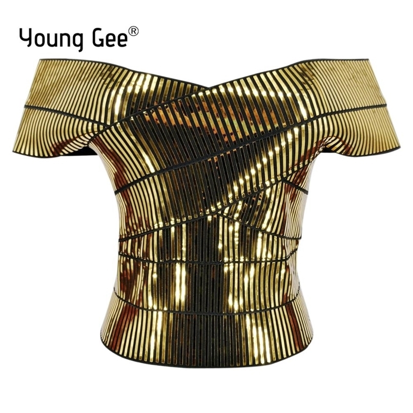 Young Gee Women Gold Silver Camis Wrapped Bustier Off the Shoulder Tank Crop Tops Sexy Summer Short Sleeve Club Cropped Feminino 220316