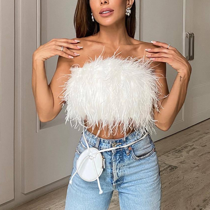 Fashion Women Sexy Furry Tops Camis Casual Tank Female Chic Sleeveless With Real Ostrich Feather Tunic Vest 220316