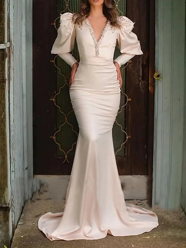 Elegant Puff Long Sleeves Evening Dresses Pearls Beaded Mermaid Formal Party Gowns V-Neck Satin Special Occasion Dresses For Women