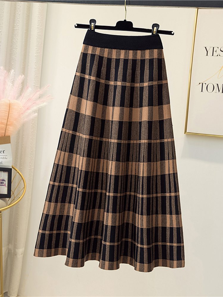 Women Knitted Skirt Female Autumn Winter High Waist Umbrella Ladies Casual Vintage Thick Warm Elegant Mid-length 220317