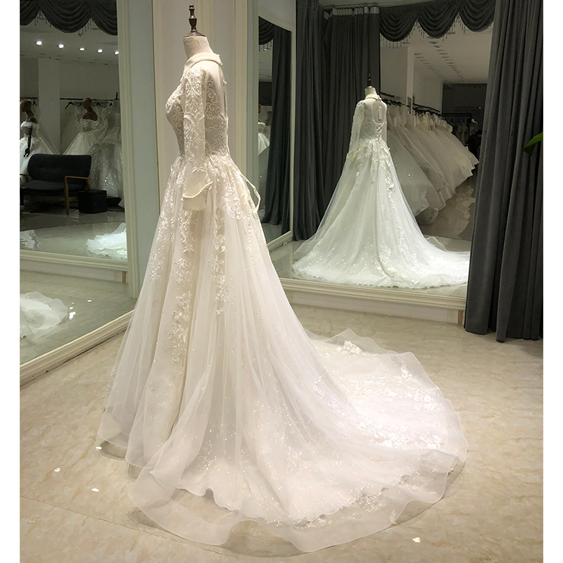 Classic Wedding Dress With Long Sleeve High Neck Applique Lace Up Organza Formal Ocn Custom Made Tulle Floor Length