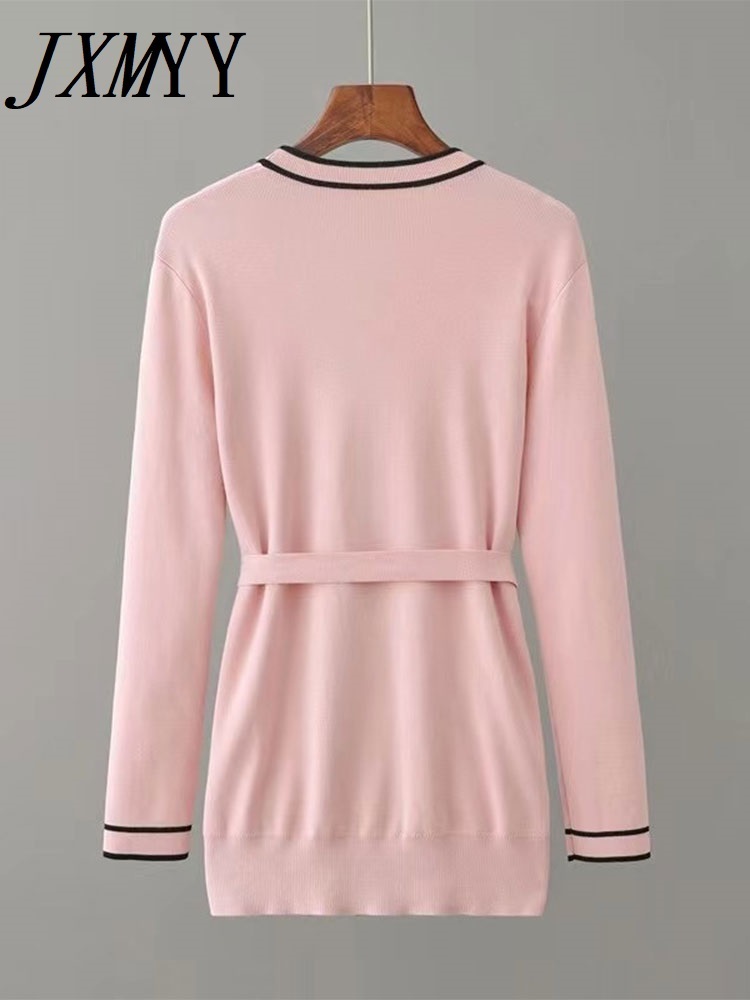 JXMYY Early Autumn Long-Sleeve Knit Suit Lace-Up Waist Mid-Length V-Neck Cardigan + Wide-Leg Pants Two-Piece Female 220315