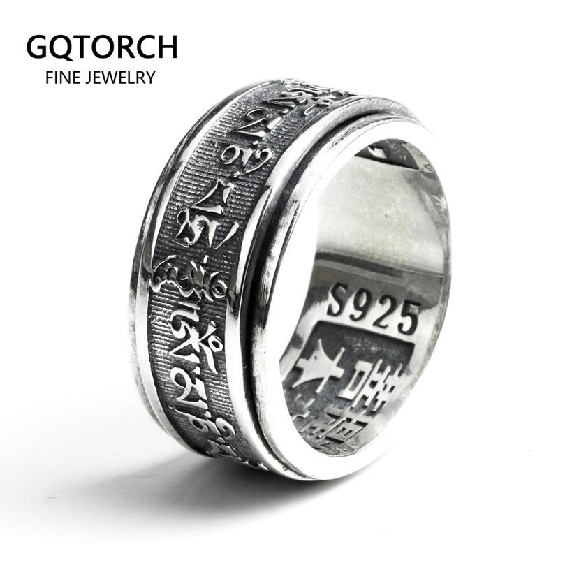 Real 925 Sterling Silver Vintage Rings For Men Rotatable Tibetan Six Words Mantra Rings Om Mani Padme Hum Buddhist Jewelry 201110