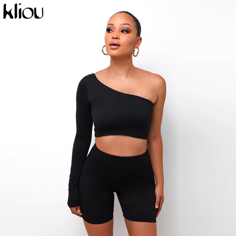 Kliou Solid Asymmetrical Two Piece Sets Women Tracksuit Crop Tops+Elastic Bike Shorts Sporty Matching Suits Casual Female Outfit 220509