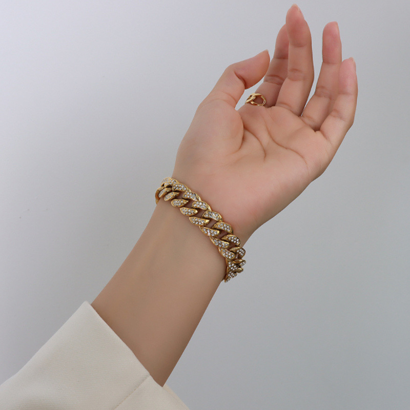 Hip hop Thick Gold Silver Diamond Bracelet Shiny Cuban Full Rhinestone Hand Chain Men's Bracelet Jewelry