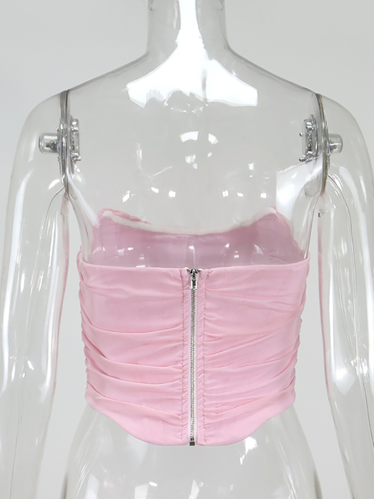 Asia Boning Mesh Corset Tops Women Slash Neck Backless Ruched Sexy Summer Crop Pink Strapless Tank Lavender Cropped 220316