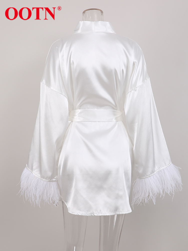 OOTN Feathers Spliced Satin Dress Belt Sexy Robe Party Night Silky Dresses Women Long Sleeve Summer Soft Cozy Home Black Dress 220511