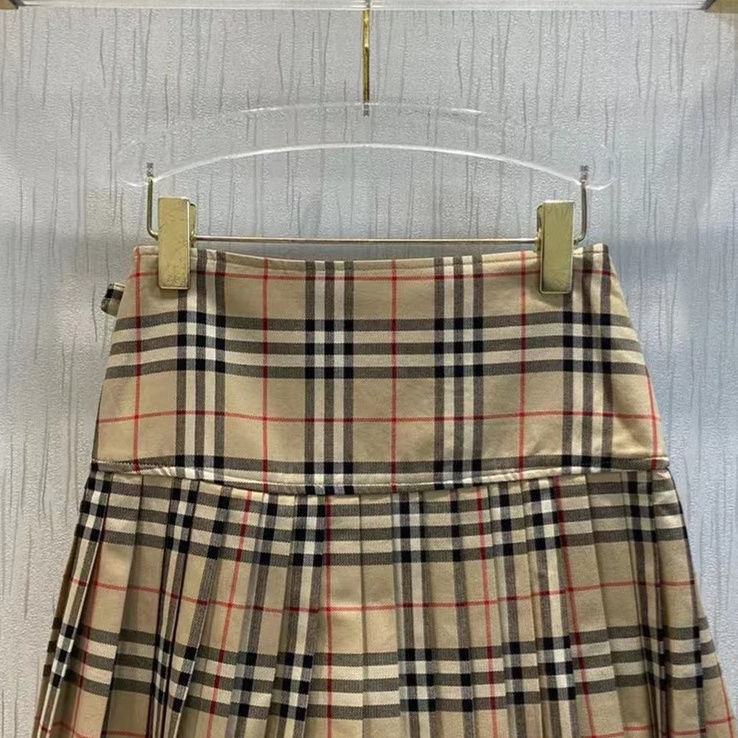 Women Clothing Pleated Skirt Plaid High Waist Above-Knee Pleated Miniskirt with Side Zipper Skirts for Girls Khaki YYL318