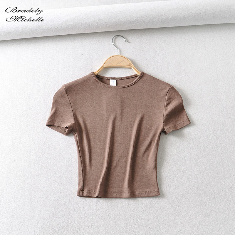 Bradely Michelle Fashion Casual Summer Woman Slim Fit t-shirt tight Cotton Short-Sleeve O-neck tee Crop Tops 220328