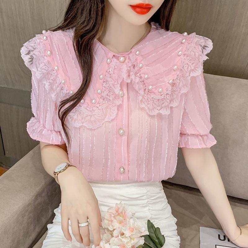 Women' Blouses & Shirts Chiffon Vintage Shirt Women Beading Pearl Fashion Tops Summer 2022 Niche Doll Neck Loose Thin Short Sleeve Lace Car, Blue
Women' Blouses & Shirts Chiffon Vintage Shirt Women Beading Pearl Fashion Tops Summer 2022 Niche Doll Neck Loose Thin Short Sleeve Lace Car, Blue