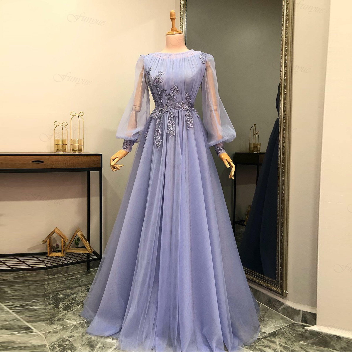 Purple Sexy A-line Prom Dresses High Neck Sequins Beads Appliques Long Sleeves Chiffon Elegant Floor Length Lace Tulle Ruffles Evening Formal Dresses 
