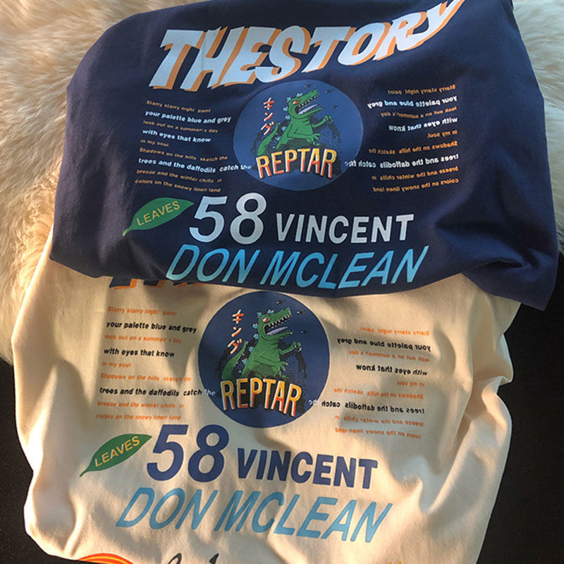 10JQK-American retro trend oversized Harajuku round neck T-shirt women dinosaur pure cotton loose wild short-sleeved men 220321