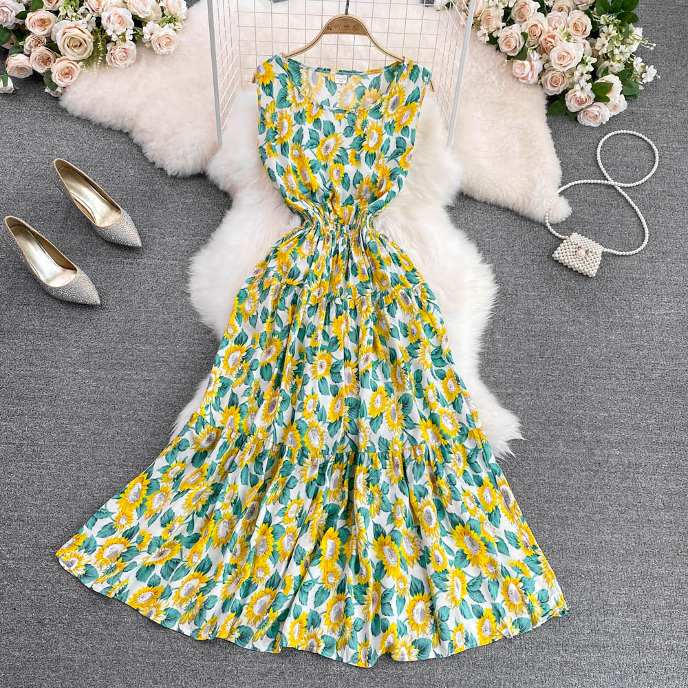 Summer new design womens beach holiday ethnic geometric floral print o-neck sleeveless cotton fabric elastic waist maxi long big expansion dress