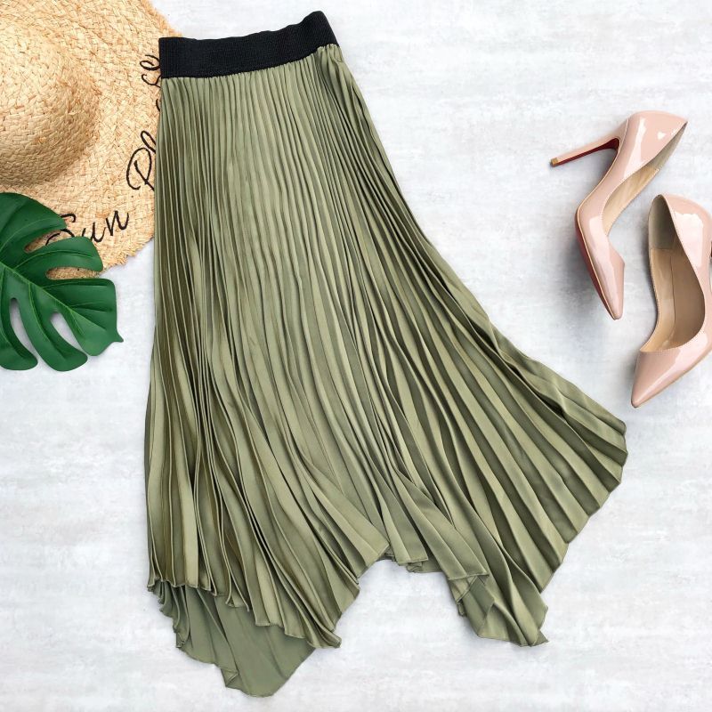 SURMIITRO Spring Summer Satin Midi Long Pleated Skirt Women Korean Style Blue High Waist Mid-Length A Line Female 220317