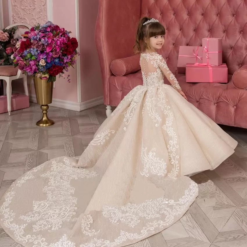 Princess Champagne Flower Girl Dresses Vintage Long Sleeve Sheer Crew Neck Appliques Ruched Tulle Cute Girl Formal Party Gowns Pageant Wears BC12715