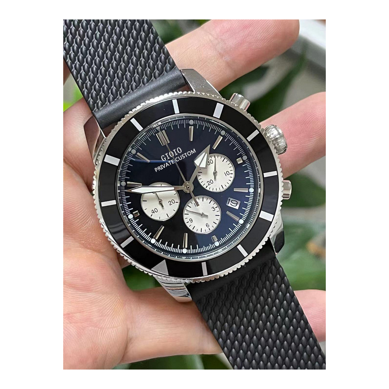 Mens Quartz Chronograph Watch Black Blue Leather Rubber1
