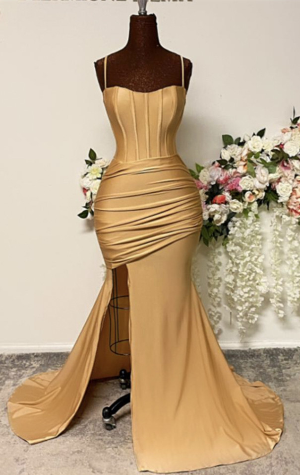 2022 Plus Size Arabic Aso Ebi Gold Sexy Mermaid Prom Dresses Beaded Satin Evening Formal Party Second Reception Birthday Engagement Bridesmaid Gowns D