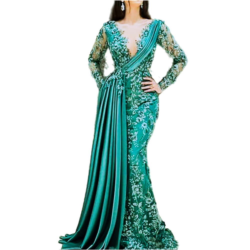 Elegant Hunter Lace Mermaid Evening Dresses With Peplum Sexy Sheer Deep V-Neck Prom Party Gowns For Women 2022 Long Sleeves Special Occasion Wear