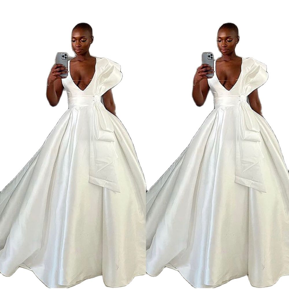 African White Satin Bridal Gowns A Line Wedding Dresses For Woman Deep Veck Custom Vintage Illusion Big Bow Vestido De Novia