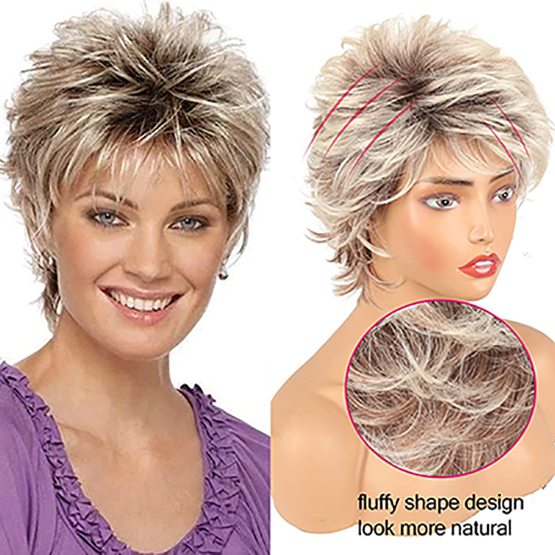 Fashion Short Blonde Wigs for White Women Pixie Cut Wigs with Bangs Brown Mixed Honey Hair Wig Highlights Synthetic