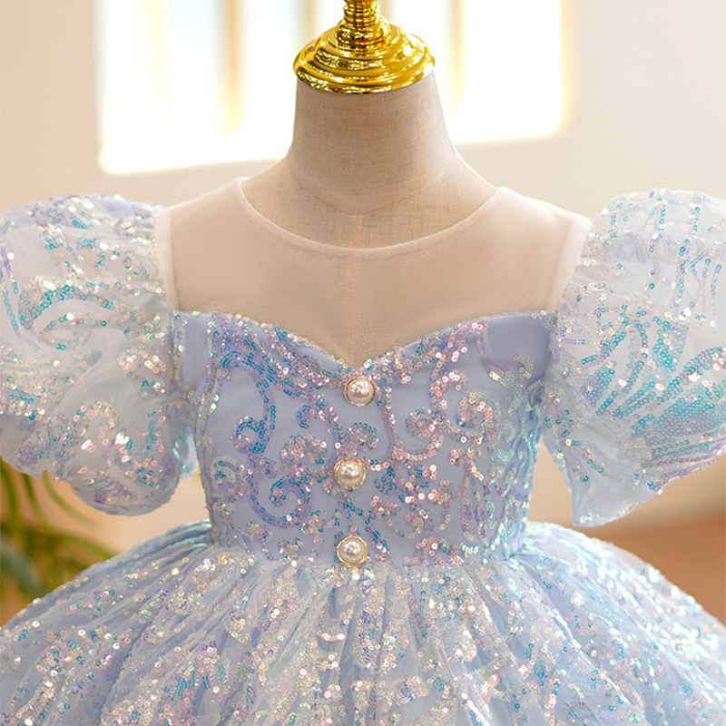 2023 blue Ball Gown Flower Girl Dresses for Wedding See Through Beaded Puffy Little Girls Pageant Dress sequined Toddler First holy Communion Gowns