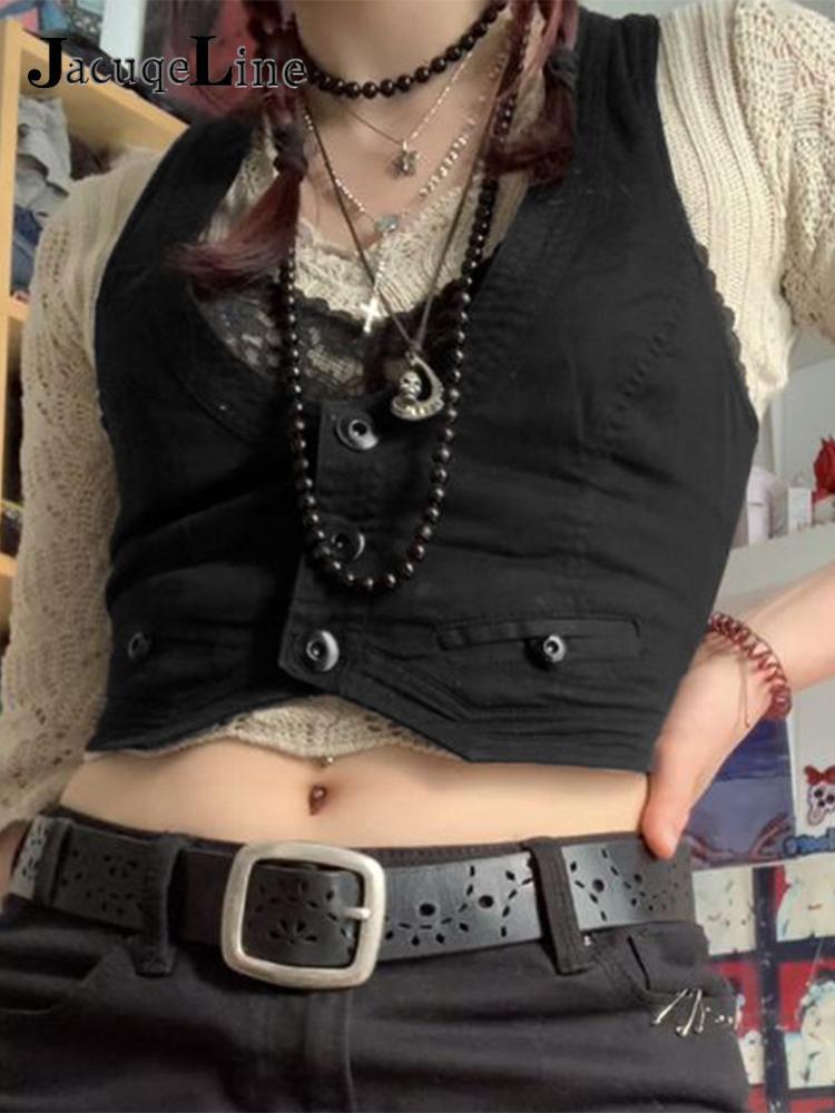 Jacuqeline Y2K Clothes Ruffle Tank Tops Women Button Racerback Fairy Grunge Vest Vintage Crop Harajuku Gothic Preppy Corset 220325