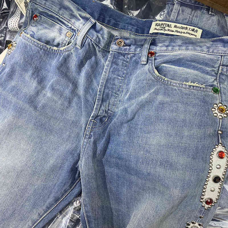 Jeans Men Women KAPITAL Pants Vintage Washed Inlaid Gemstone Distressed Trousers Inside Tag Clothes T260129