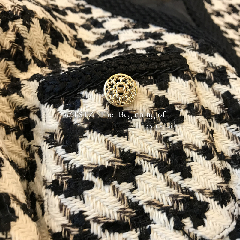 Autumn new womens tweed jacket woolen houndstooth plaid grid color block short coat plus size casacos SMLXL