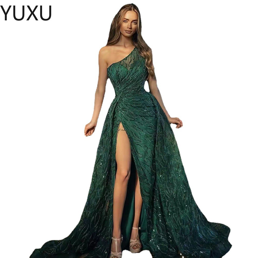 Modest Long Mermaid Evening Dresses Formal Occasion Wear Gold Appliques Beads Hunter Sheer Neck Arabic High Split Robe De Soriee