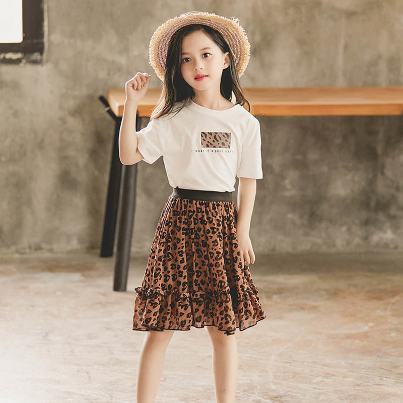 Summer Clothes For Girls Leopard Print Children's Tshirt + Skirt Teenage Costume 220507