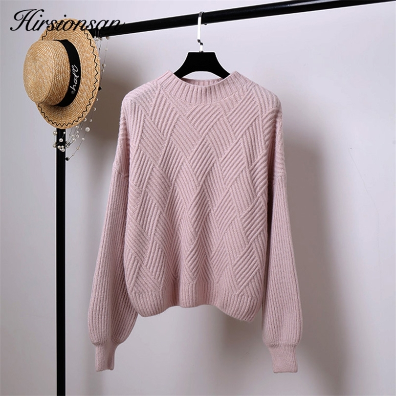 Pull Femme 2019 Winter Autumn Oversized Knitted Cashmere Sweater Women Lantern Sleeve Diamond Basic Thicken Pullovers T200319