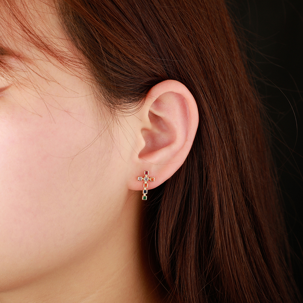 New Colorful Zircon Cross Stud Earrings Silver Gold Color Prong Bling Red Green CZ Earring Studs Delicate Fashion Women Girls Fine Party Jewelry Mothe