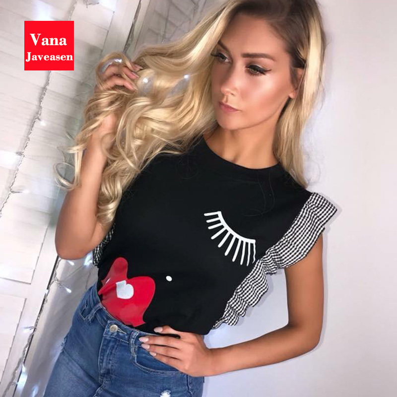 Vana Javeasen Women Ruffle Fashion T-Shirt Eyelashes Red Lips Print Tees O-Neck Butterfly Sleeve Woman's Clothes Simple Tops 220411
