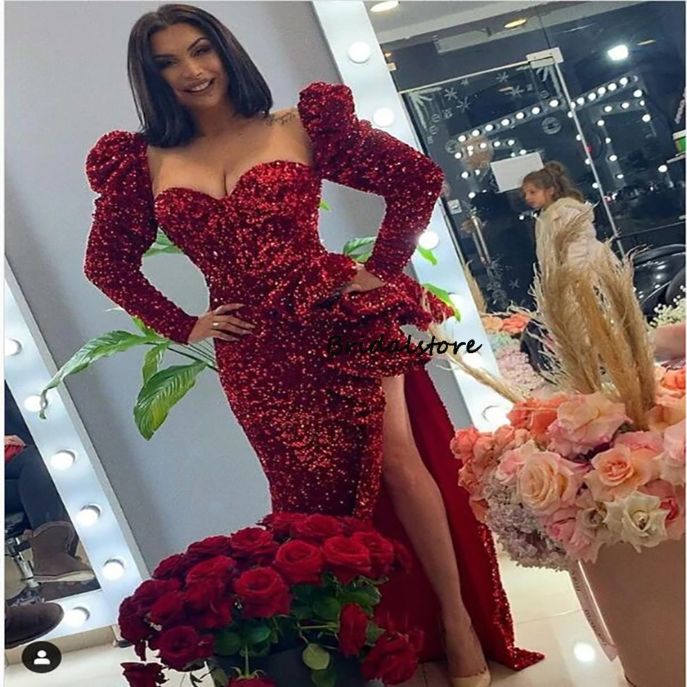 Shiny Sequin Red Prom Dresses 2022 With High Split Sexy Mermaid Evening Dress Long Sleeve Dinner Formal Dance Party Gowns Sparkly Engagement Robes De 