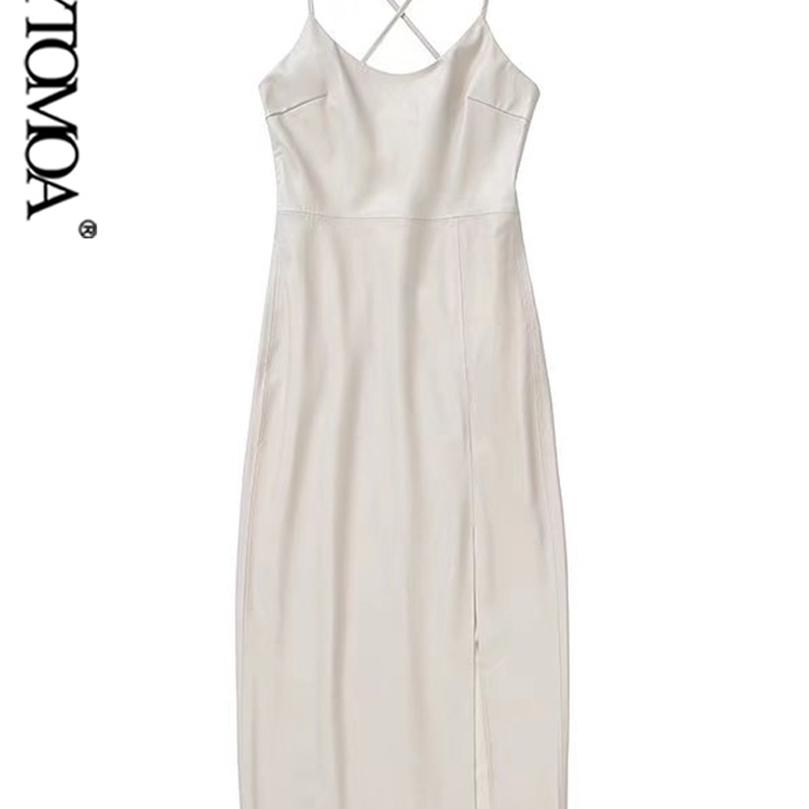 Women Fashion Front Slit Faux Leather Midi Camisole Dress Vintage Backless Zipper Thin Straps Female Dresses Mujer 220526