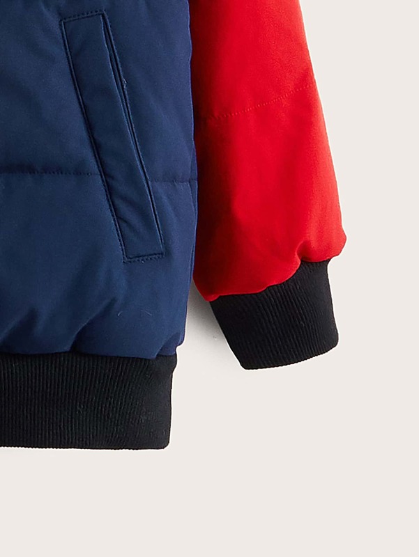 Toddler Boys Letter Graphic Zip Up Colorblock Hooded Puffer Coat SHE